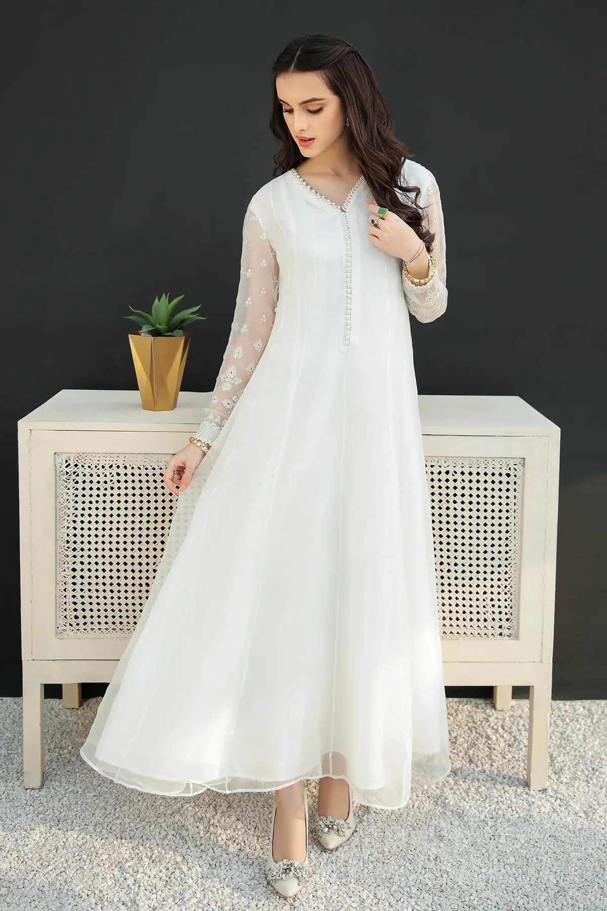 Pakistani White Embroidered Long Frock Party Wear