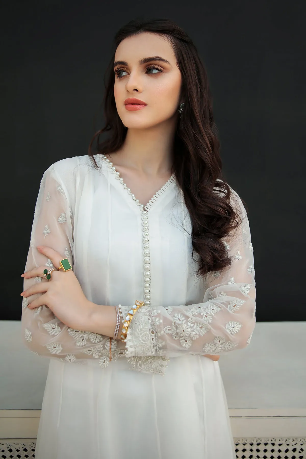 Pakistani White Embroidered Long Frock Party Wear