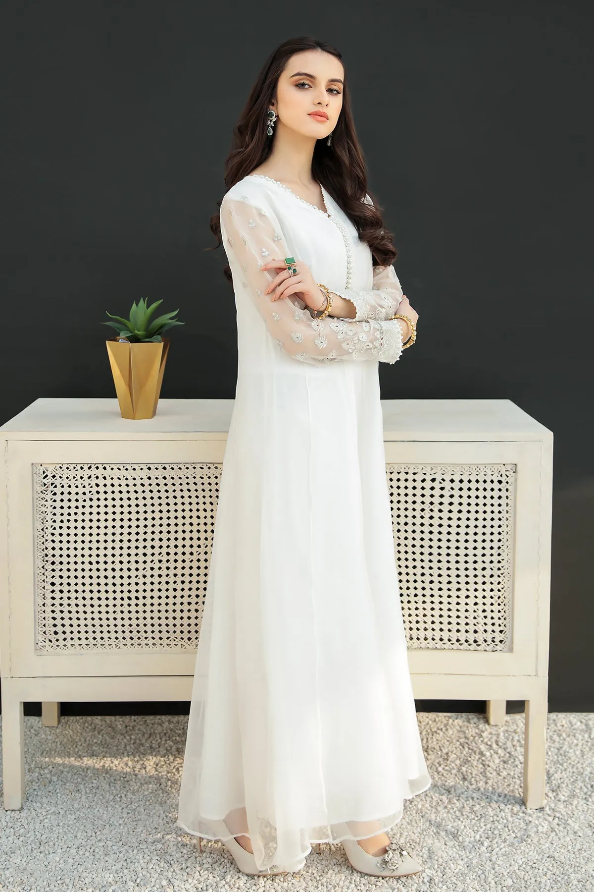 Pakistani White Embroidered Long Frock Party Wear