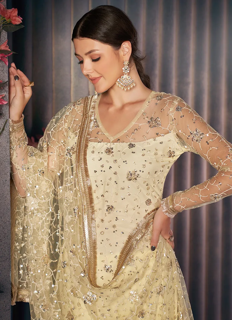 Pale Yellow Sequence Embroidered Churidar Suit