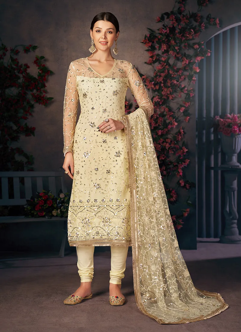 Pale Yellow Sequence Embroidered Churidar Suit