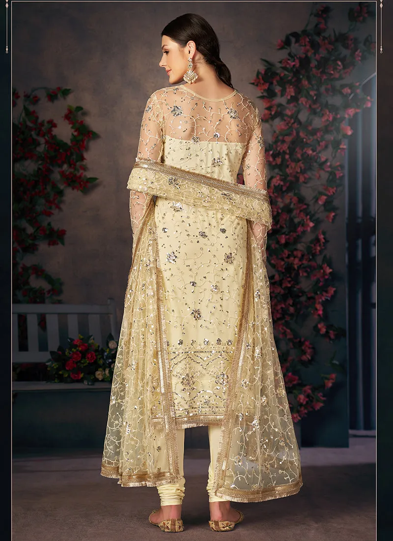 Pale Yellow Sequence Embroidered Churidar Suit