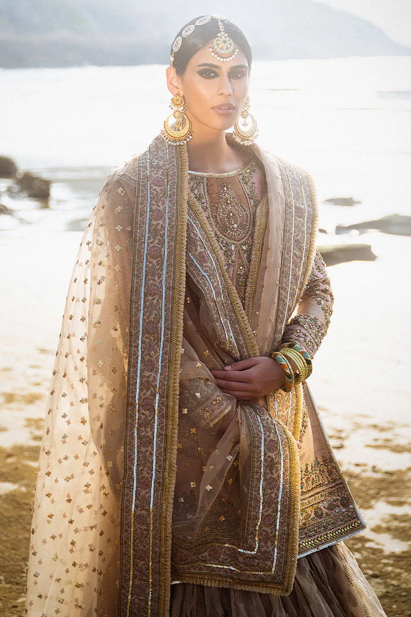 Peach Pink Embroidered Pakistani Wedding Dress in Sharara Style