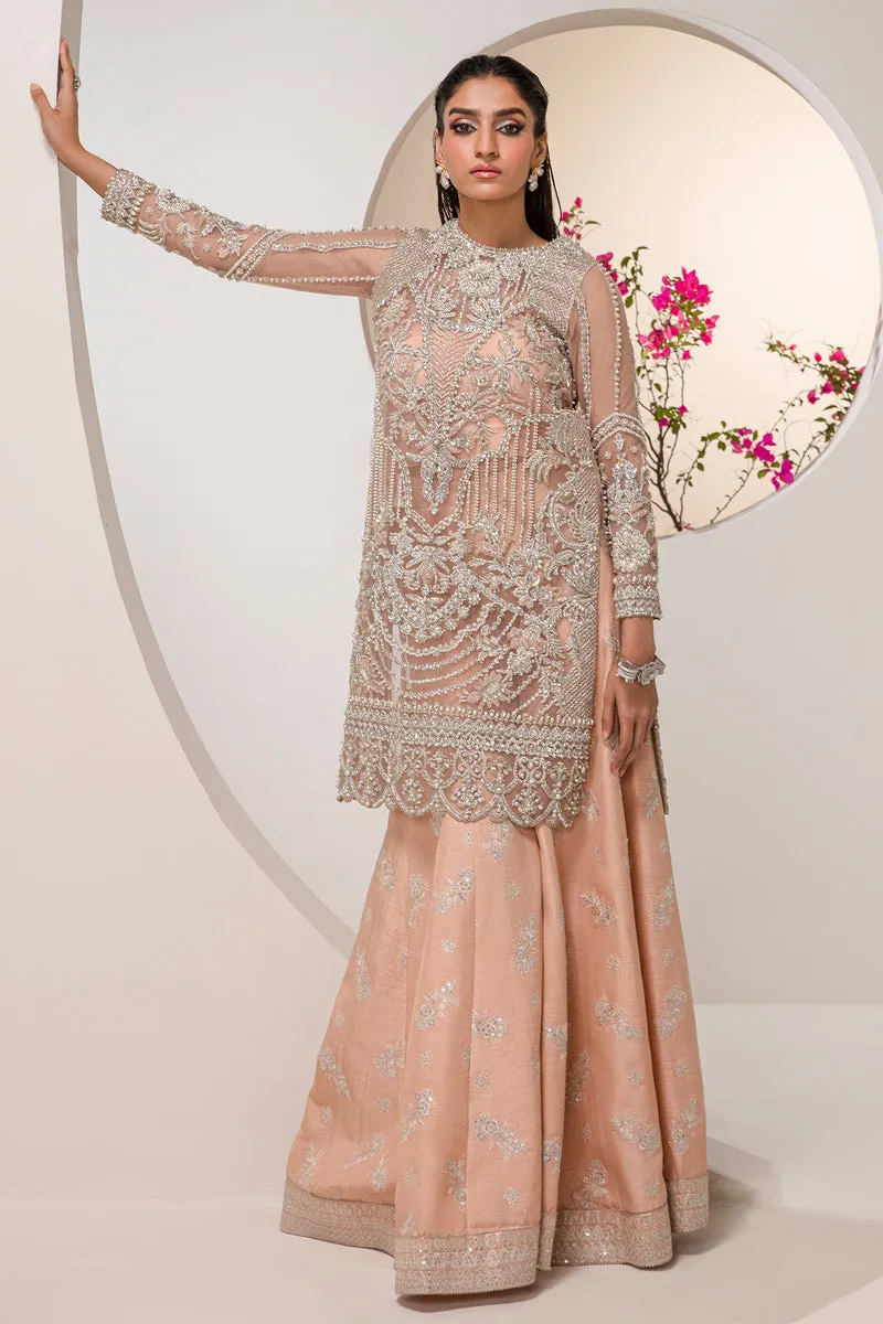 Peach Silver Embroidered Pakistani Wedding Dress in Kameez Sharara Style