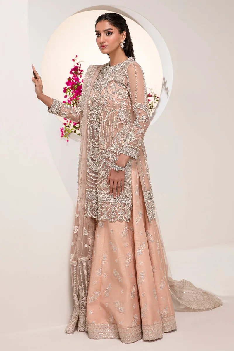 Peach Silver Embroidered Pakistani Wedding Dress in Kameez Sharara Style