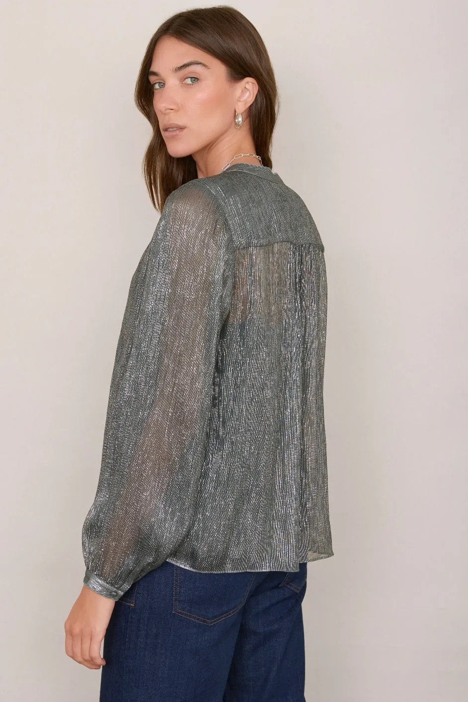 Pia Silk Blend Lame Blouse - Blue Shimmer