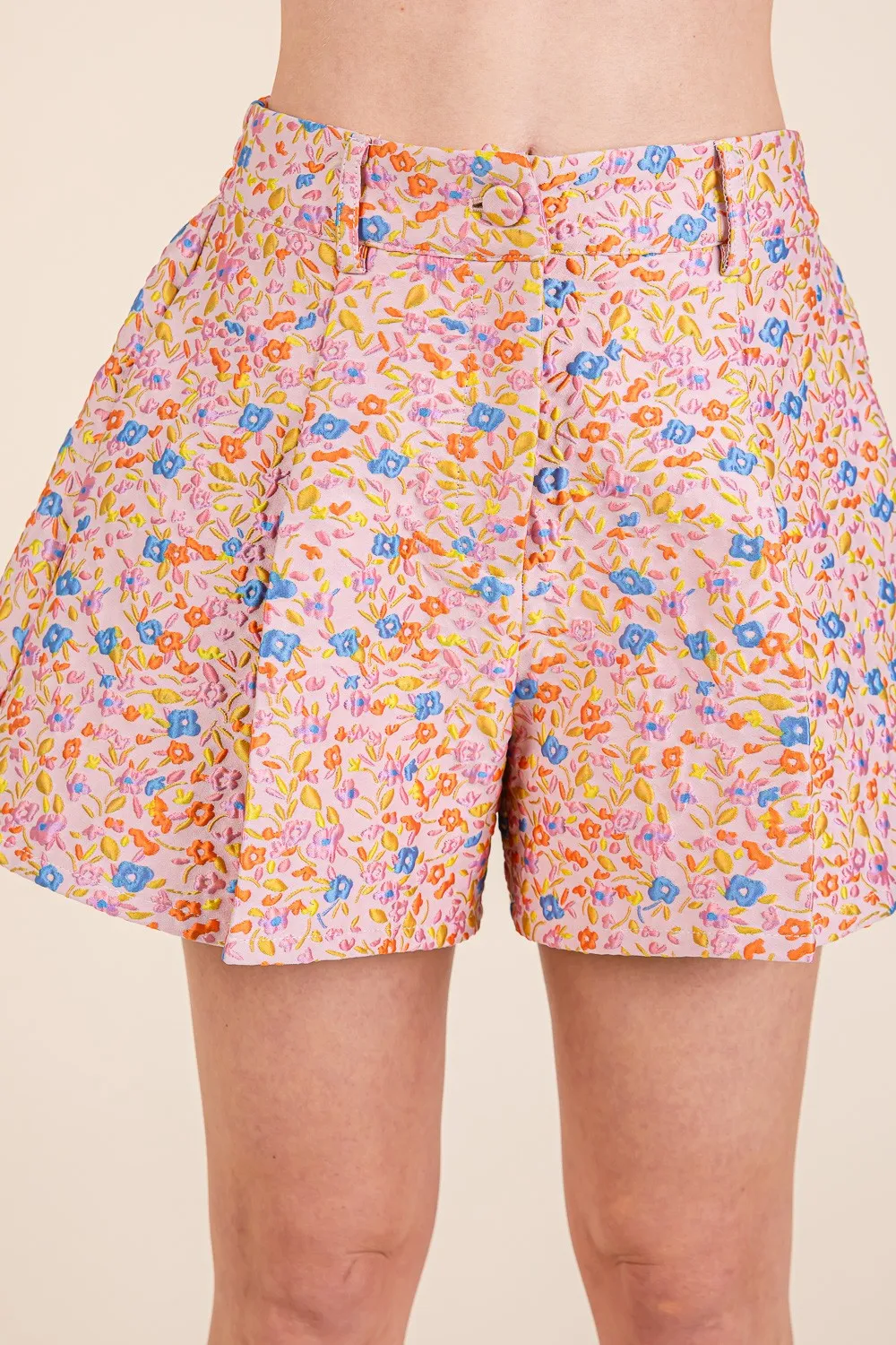 Pink Floral Taffeta Pleated Short