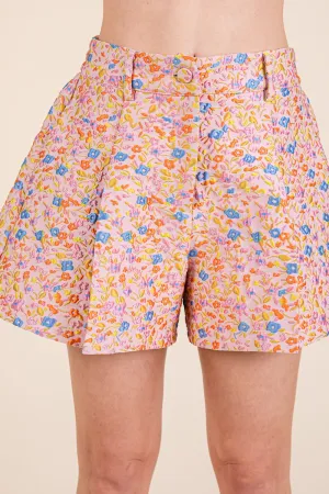 Pink Floral Taffeta Pleated Short