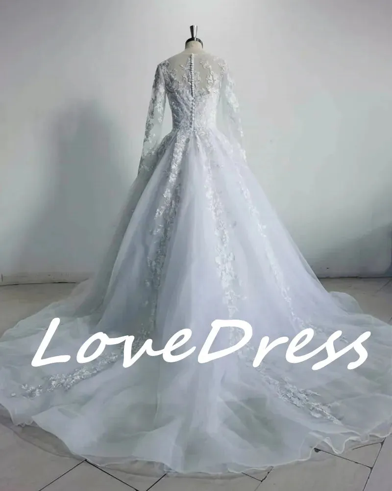 Pink Long Sleeves Wedding Dress Ball Gown Lace Appliques