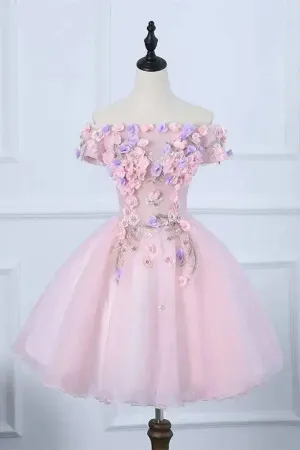 Pink Off The Shoulder Homecoming Dress with Flowers APH0211