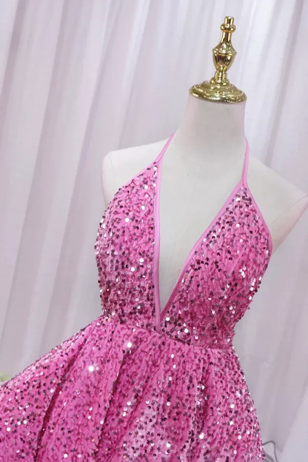 Pink V-Neck Sequins Short Prom Dress, Pink A-Line Backless Party Dress APH0247