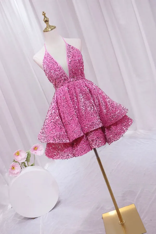 Pink V-Neck Sequins Short Prom Dress, Pink A-Line Backless Party Dress APH0247