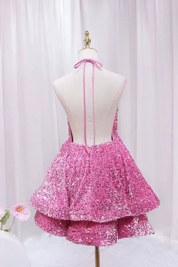 Pink V-Neck Sequins Short Prom Dress, Pink A-Line Backless Party Dress APH0247