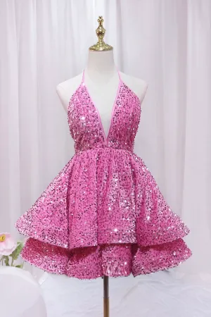 Pink V-Neck Sequins Short Prom Dress, Pink A-Line Backless Party Dress APH0247
