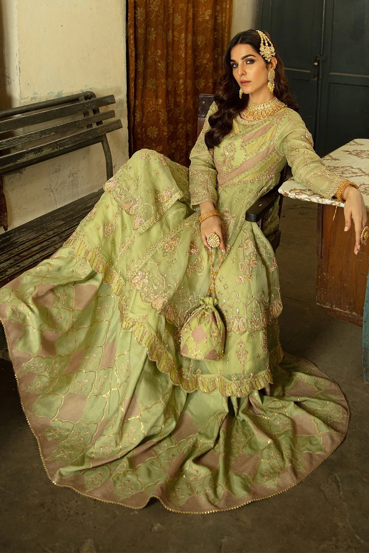 Pistachio Green Pakistani Wedding Dress in Lehenga Frock Style