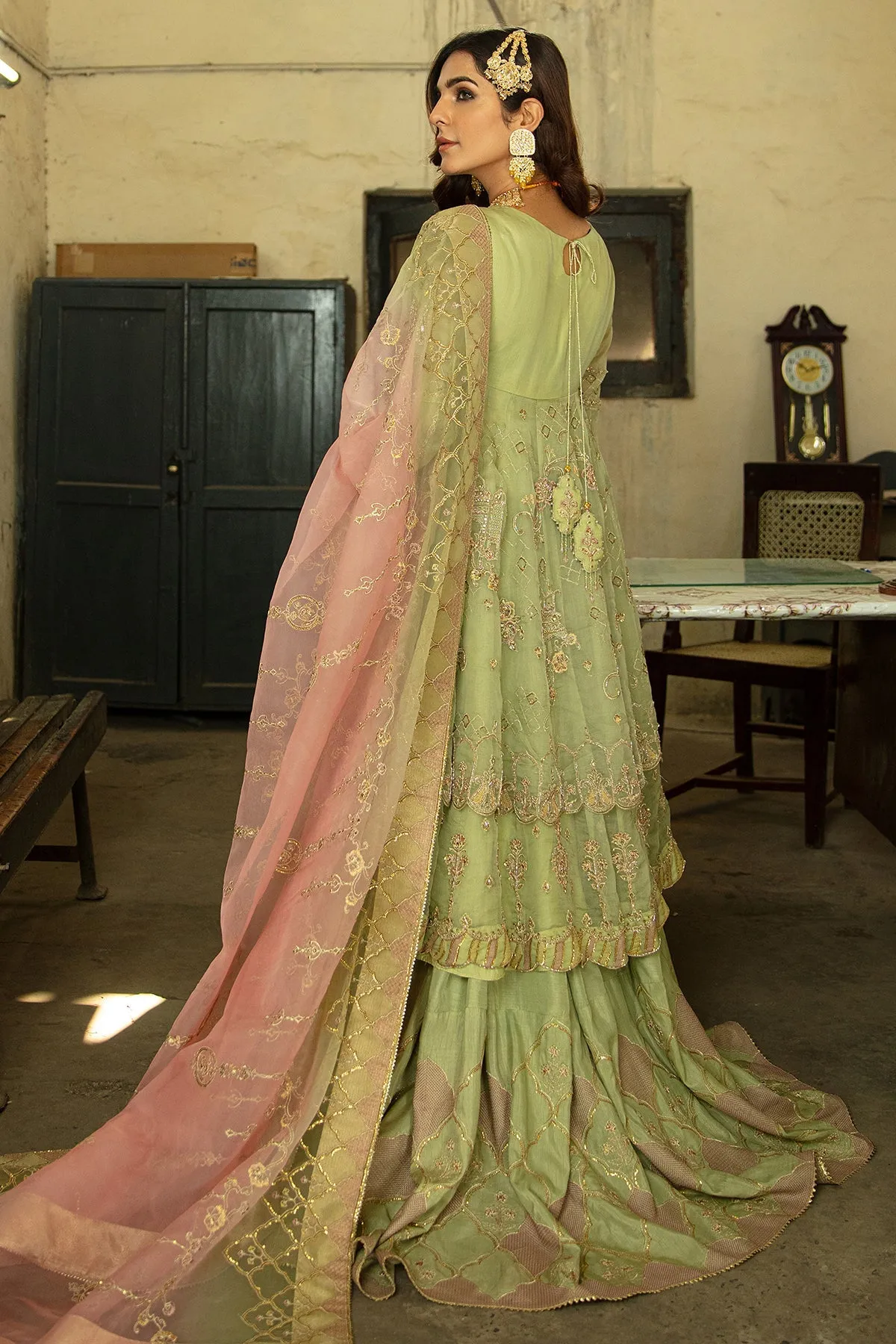 Pistachio Green Pakistani Wedding Dress in Lehenga Frock Style