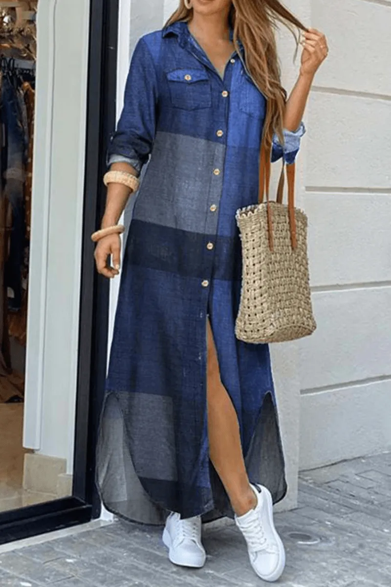 Plaid Pocket Buckle Shirt Collar A Line Dresses