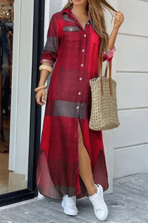 Plaid Pocket Buckle Shirt Collar A Line Dresses