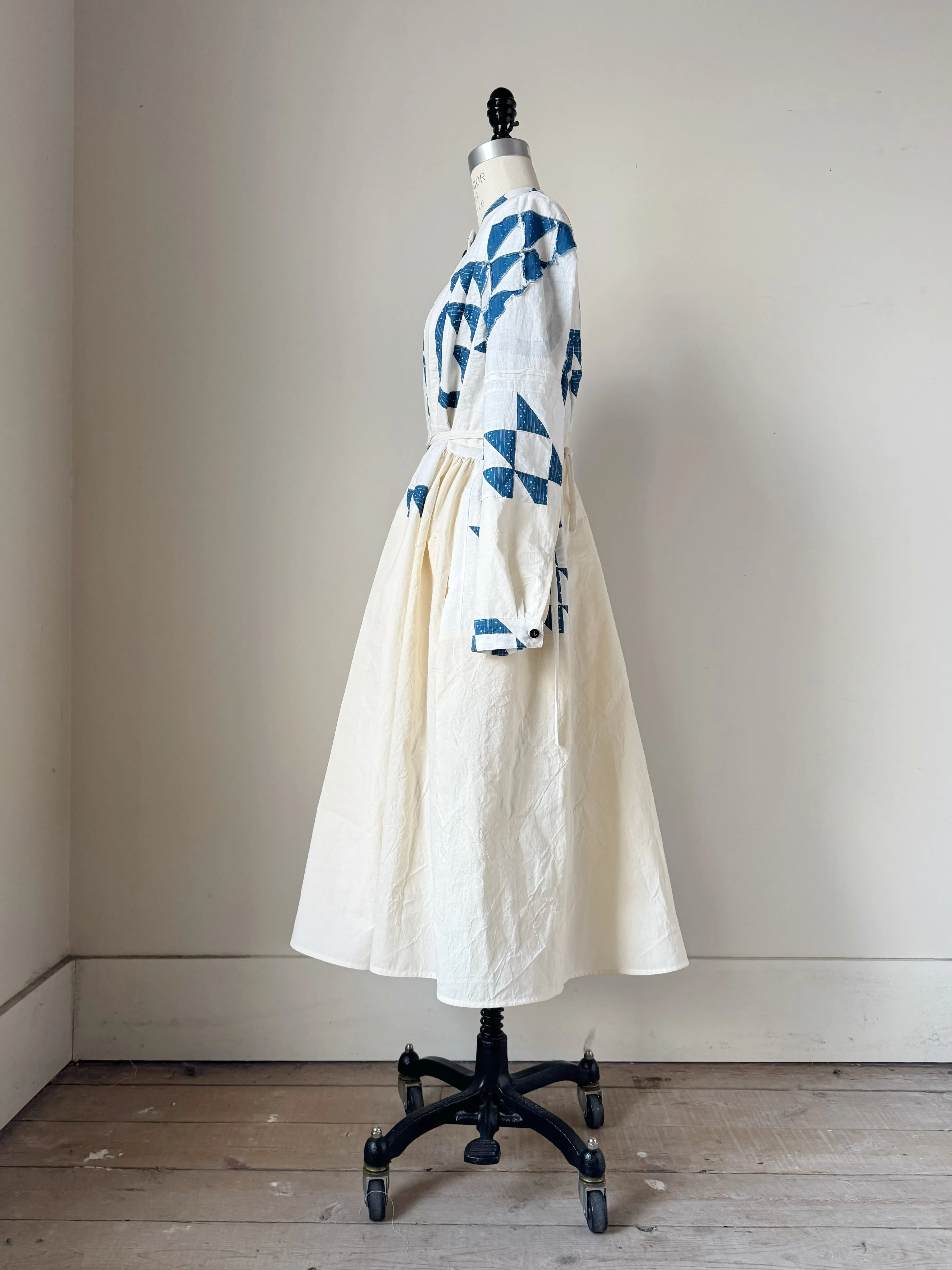 pleated and patched bodice work dress with antique quilt
