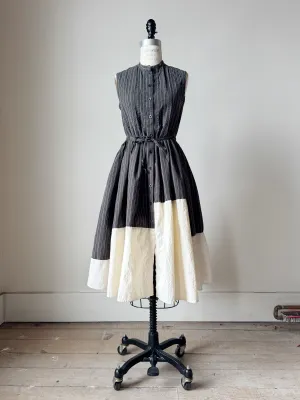 pleated and patched bodice work dress with pin striped cotton