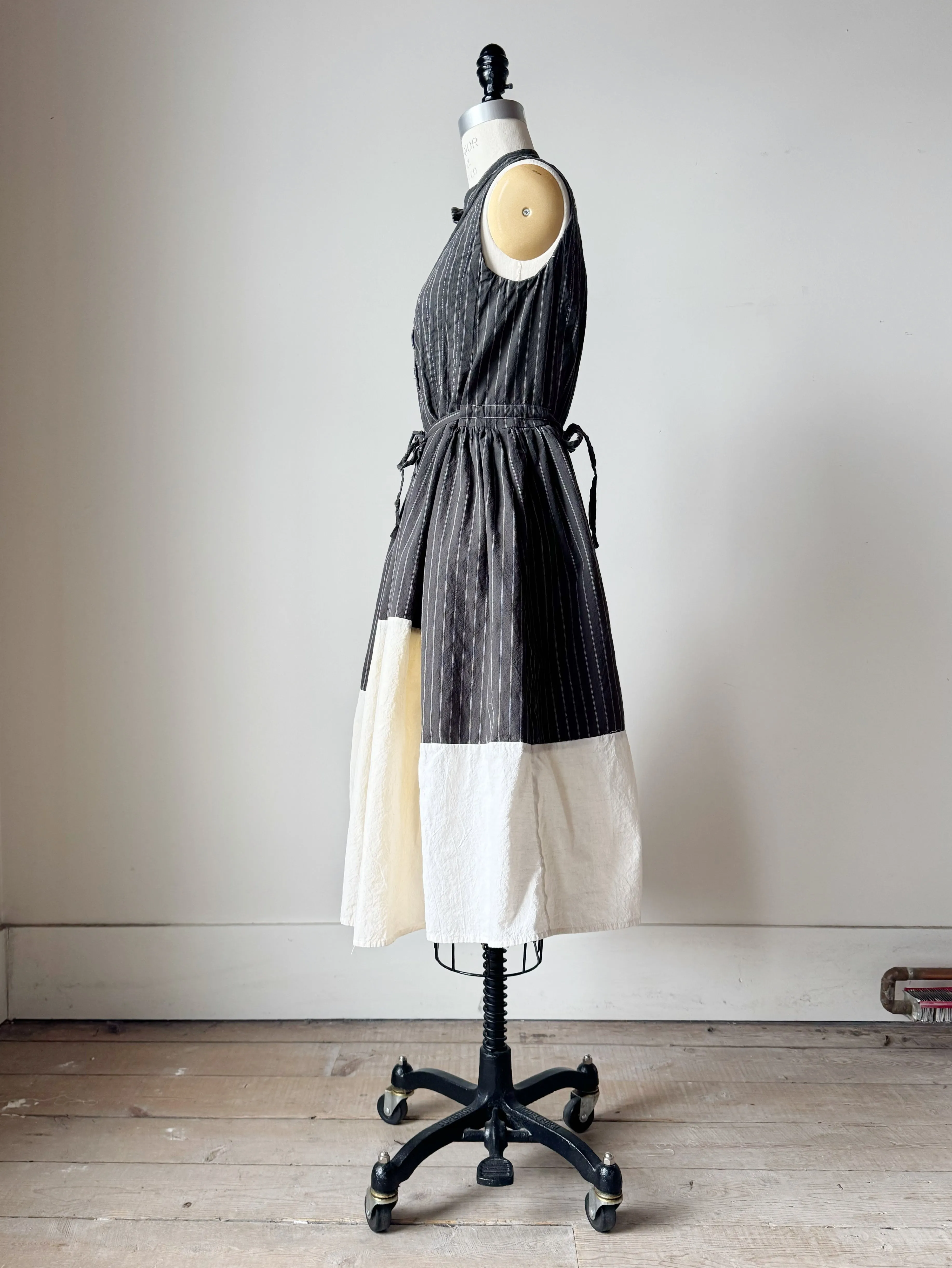 pleated and patched bodice work dress with pin striped cotton