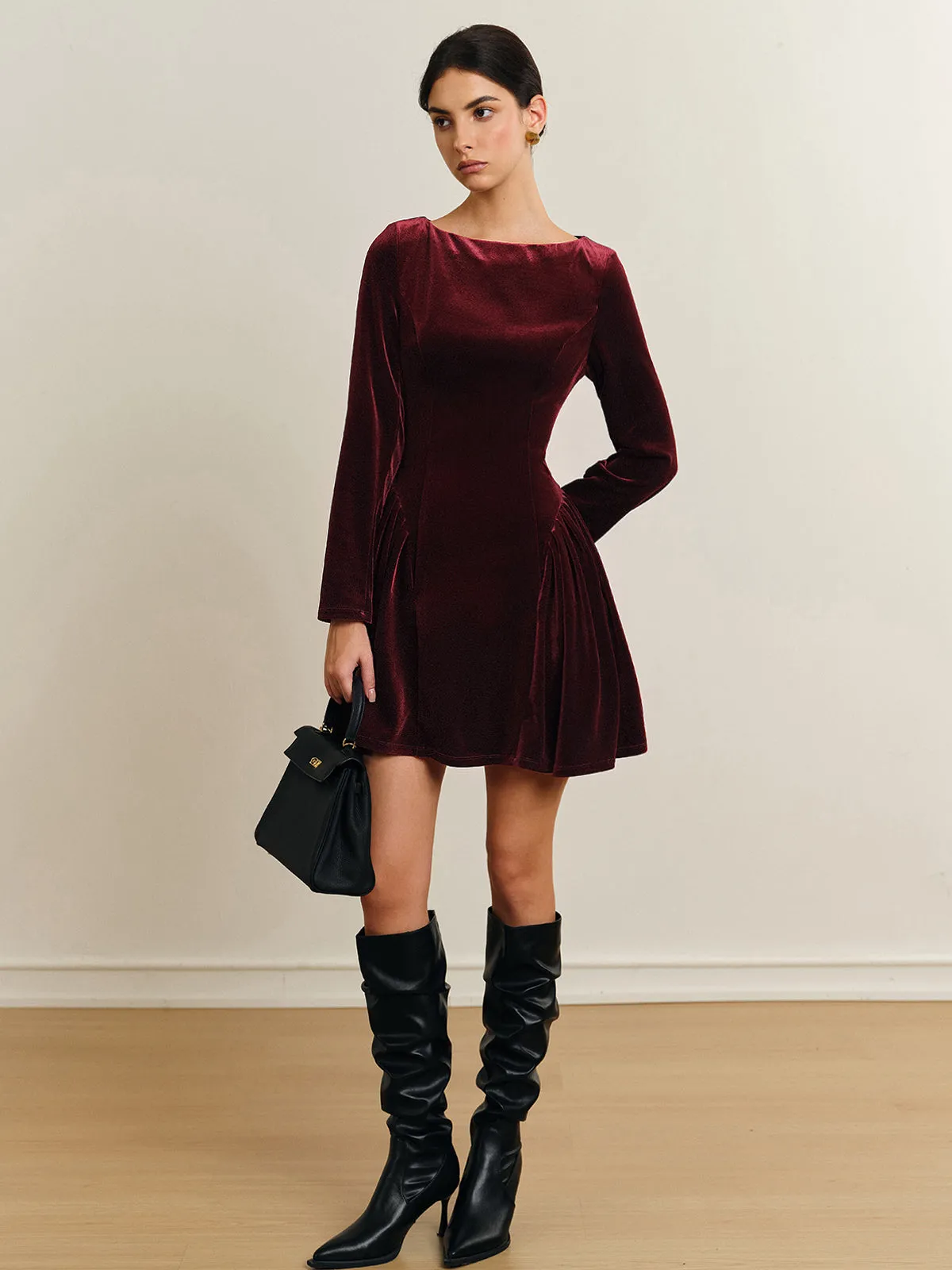 Pleated Panel Velvet Dress