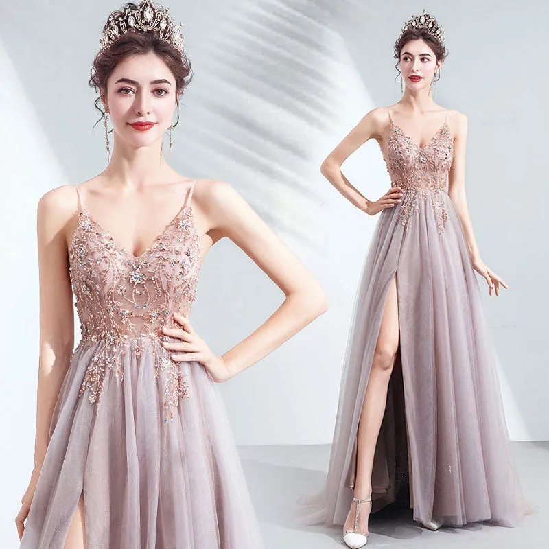Plunging V-neckline A-Line Embroidered Tulle Gown