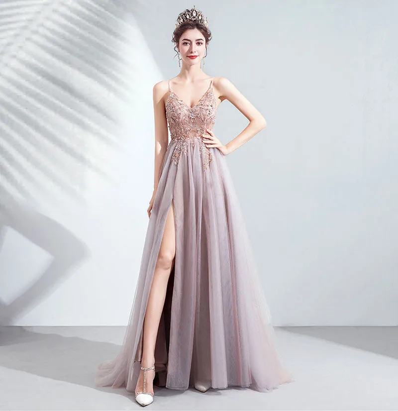 Plunging V-neckline A-Line Embroidered Tulle Gown