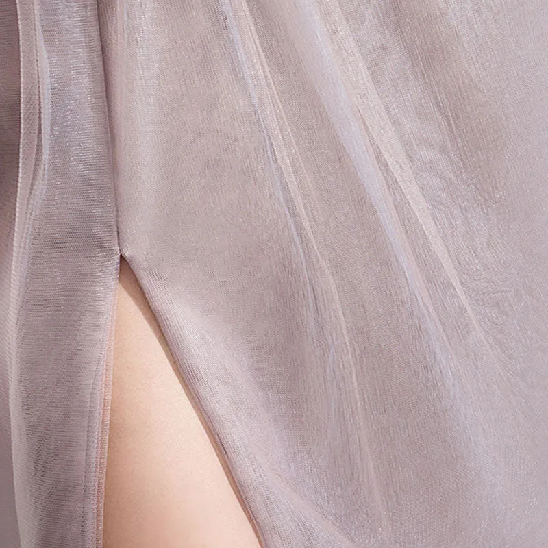 Plunging V-neckline A-Line Embroidered Tulle Gown