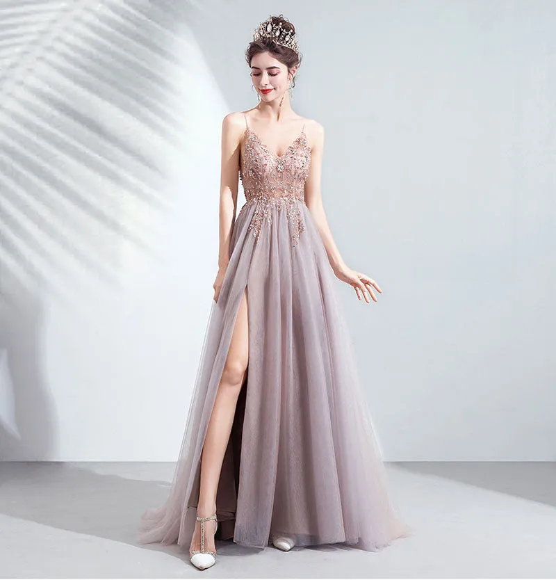 Plunging V-neckline A-Line Embroidered Tulle Gown