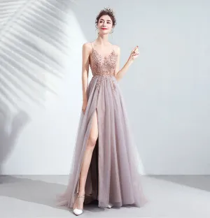 Plunging V-neckline A-Line Embroidered Tulle Gown