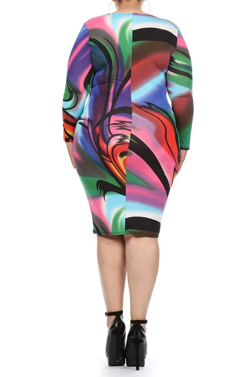 Plus Size Colorful Waterfall Ruffle Long Sleeve Dress