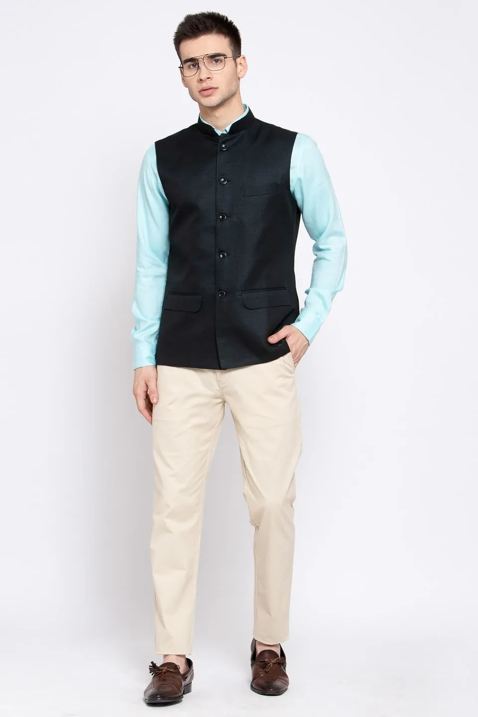 Poly Blend Green Nehru Jacket