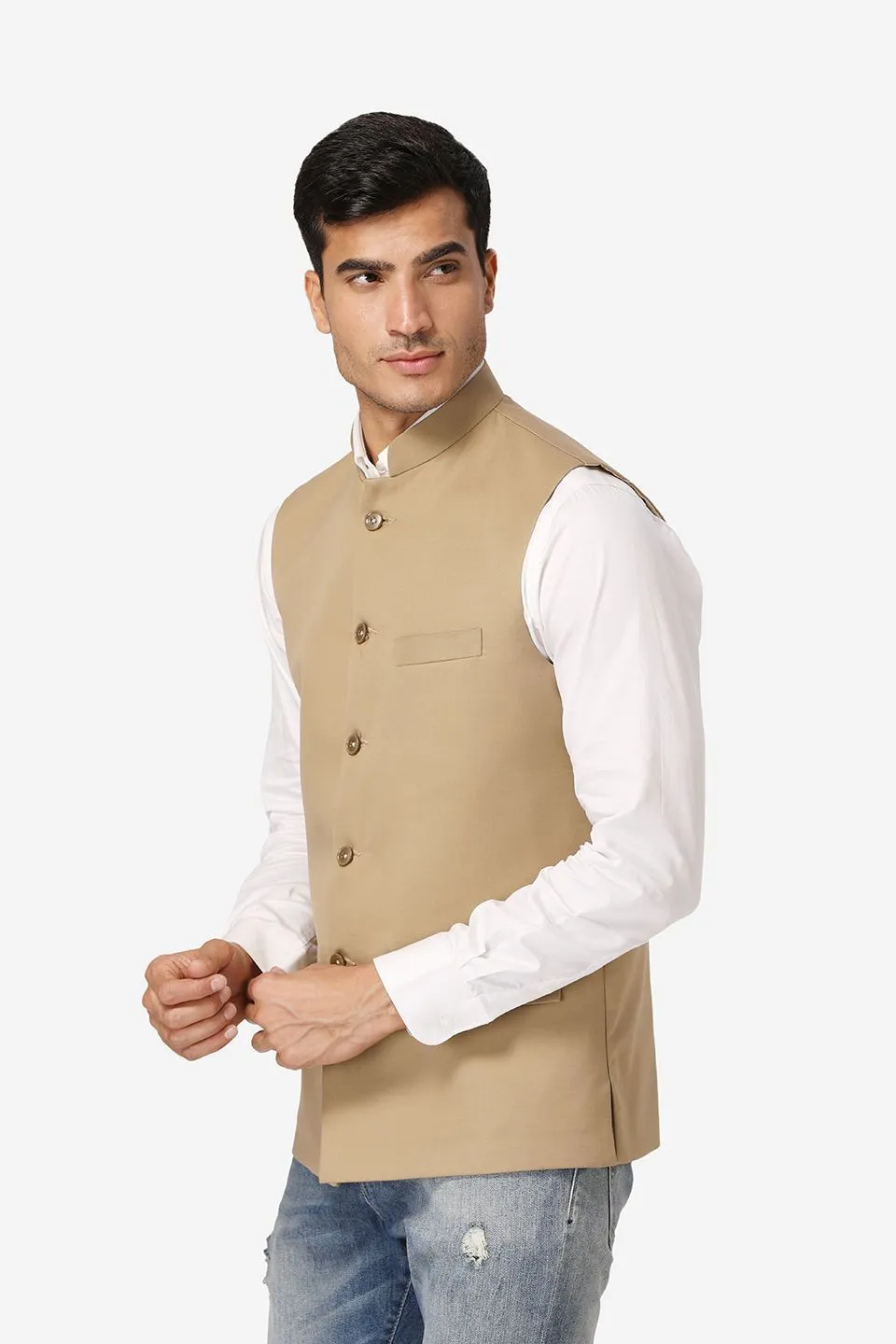 Polyester Cotton Beige Modi Nehru Jacket