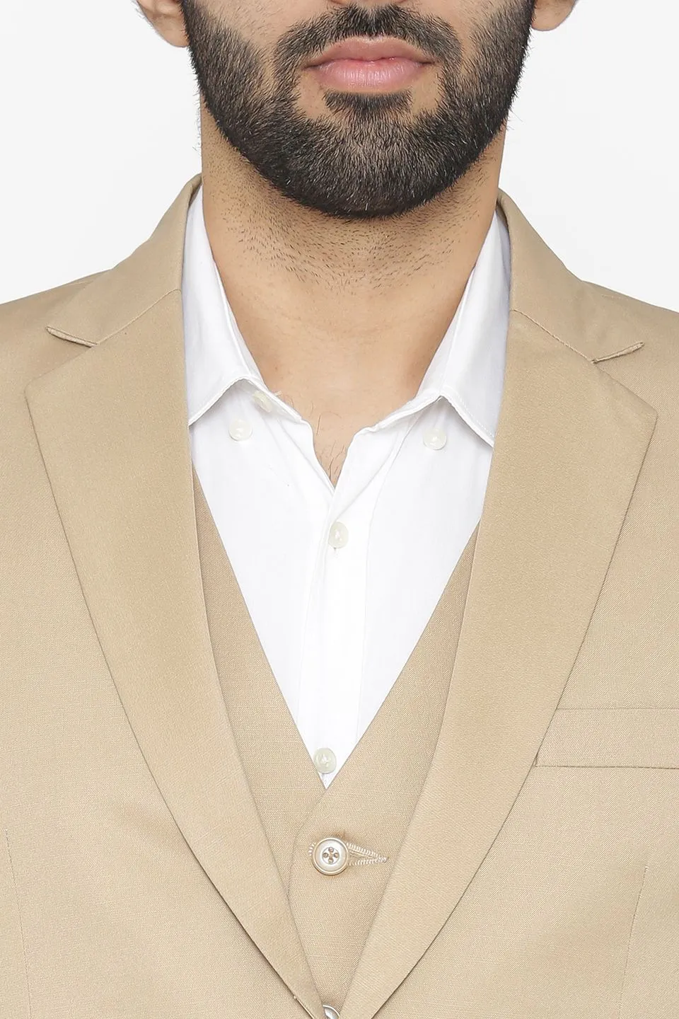 Polyester Cotton Beige Three Piece Suit
