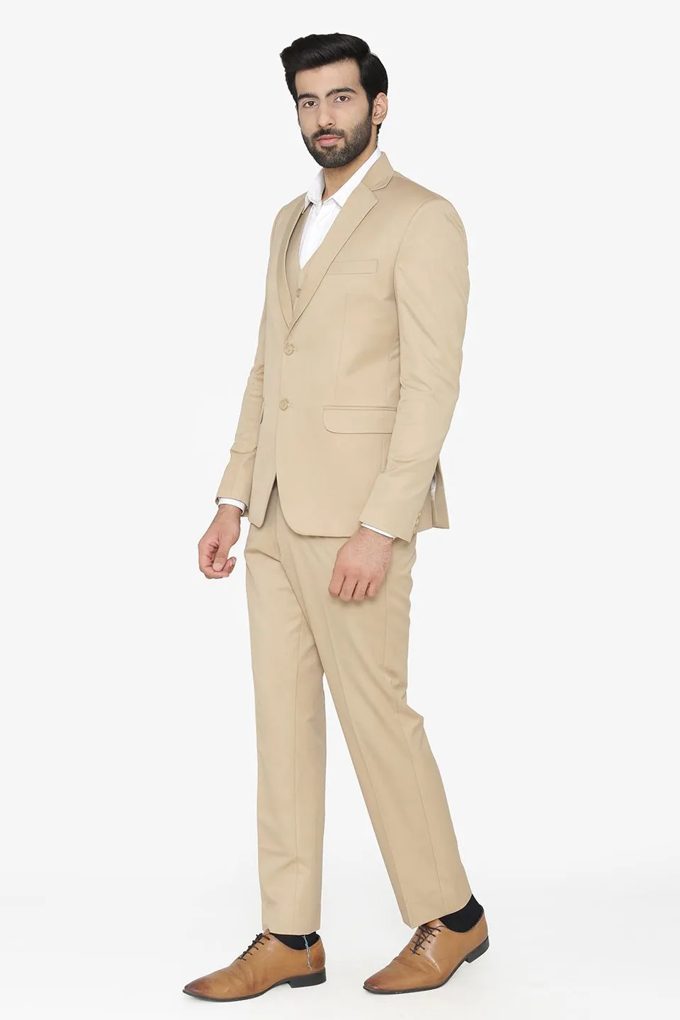 Polyester Cotton Beige Three Piece Suit
