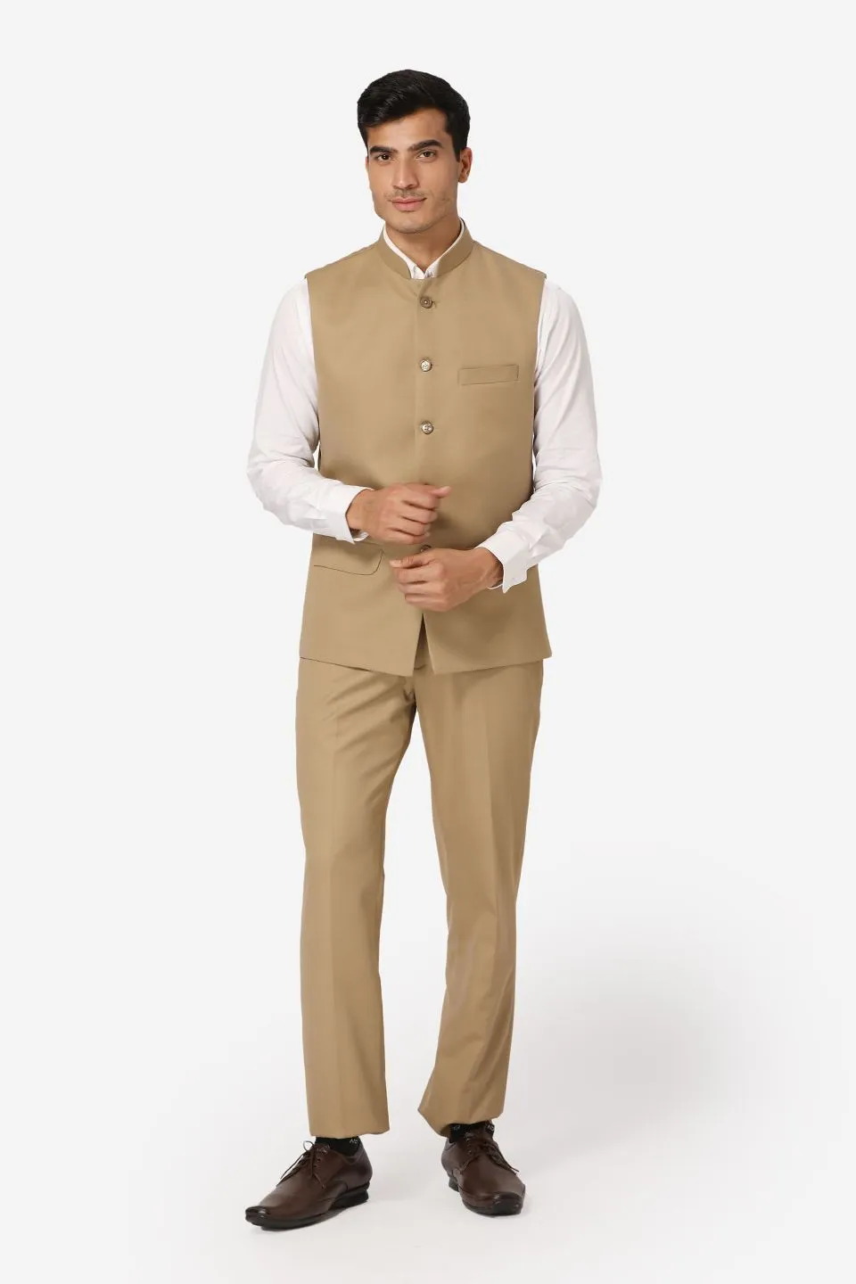 Polyester Cotton Beige Vest and Trouser Set