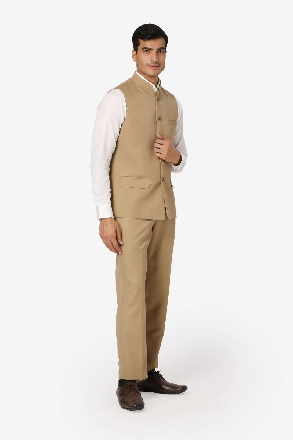 Polyester Cotton Beige Vest and Trouser Set