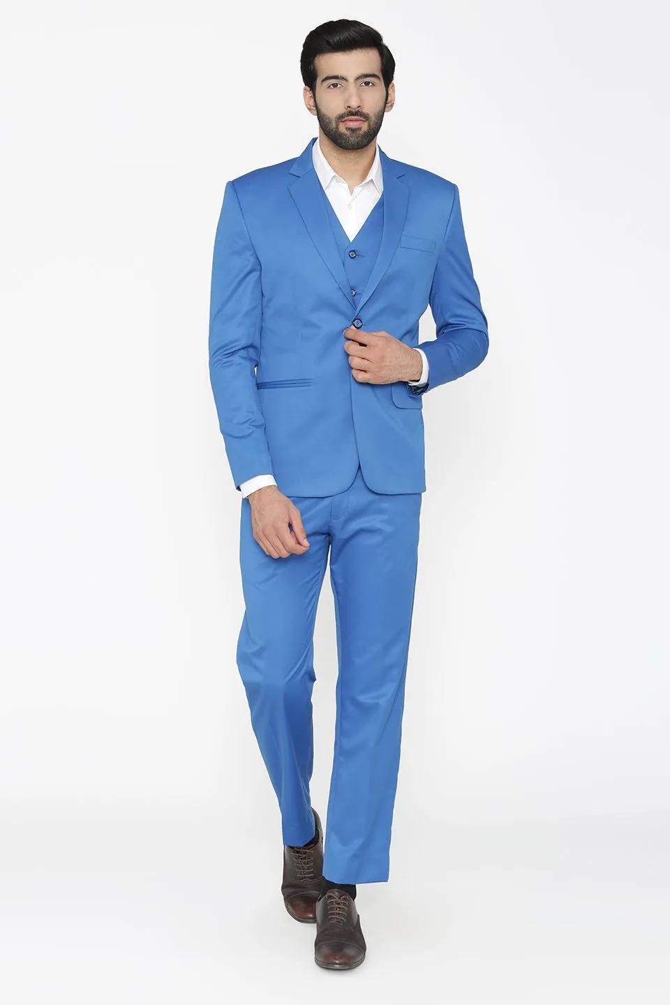 Polyester Cotton Blue Three Piece Suit
