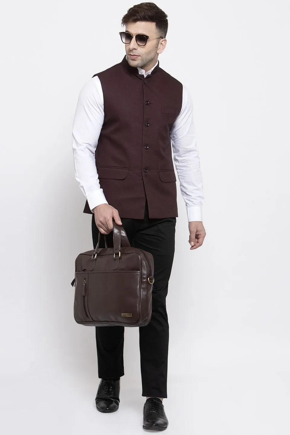 Polyester Cotton Dark Brown Modi Nehru Jacket