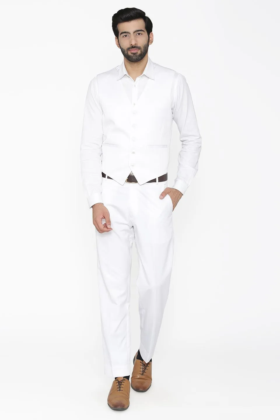 Polyester Cotton White Vest and Pant Set