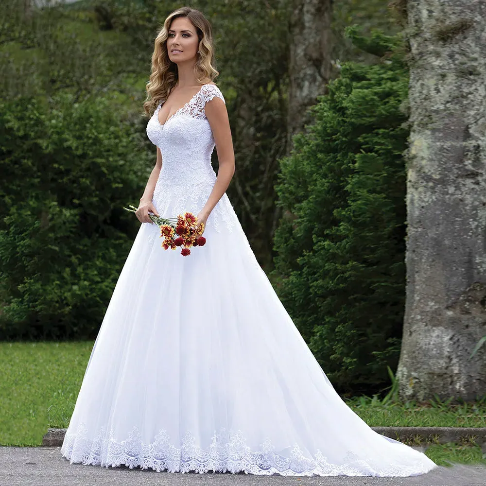 Pure White Wedding Dress Elegant Cap Sleeve Vestido De Noiva Sexy V Neck Lace Vestidos De Novia Customized