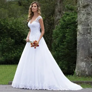 Pure White Wedding Dress Elegant Cap Sleeve Vestido De Noiva Sexy V Neck Lace Vestidos De Novia Customized