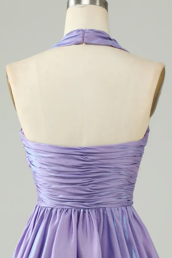 Purple A Line Satin Halter Homecoming Dress With Pleated APH0282