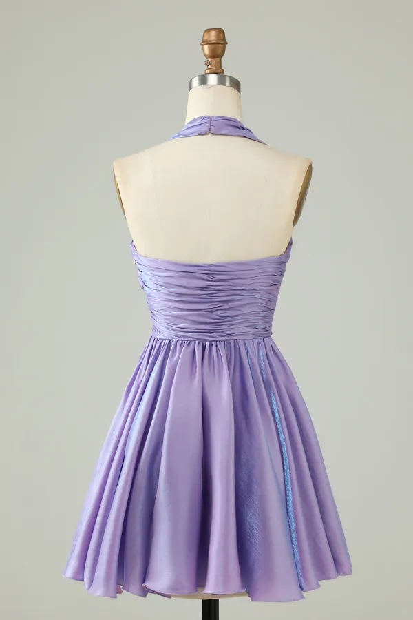 Purple A Line Satin Halter Homecoming Dress With Pleated APH0282