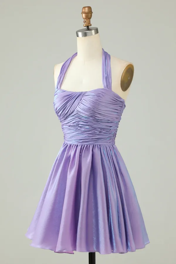 Purple A Line Satin Halter Homecoming Dress With Pleated APH0282