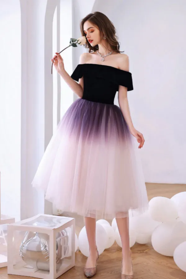 Purple Off Shoulder Tulle Short Puffy Prom Dresses, Puffy Purple Homecoming Dresses APH0255