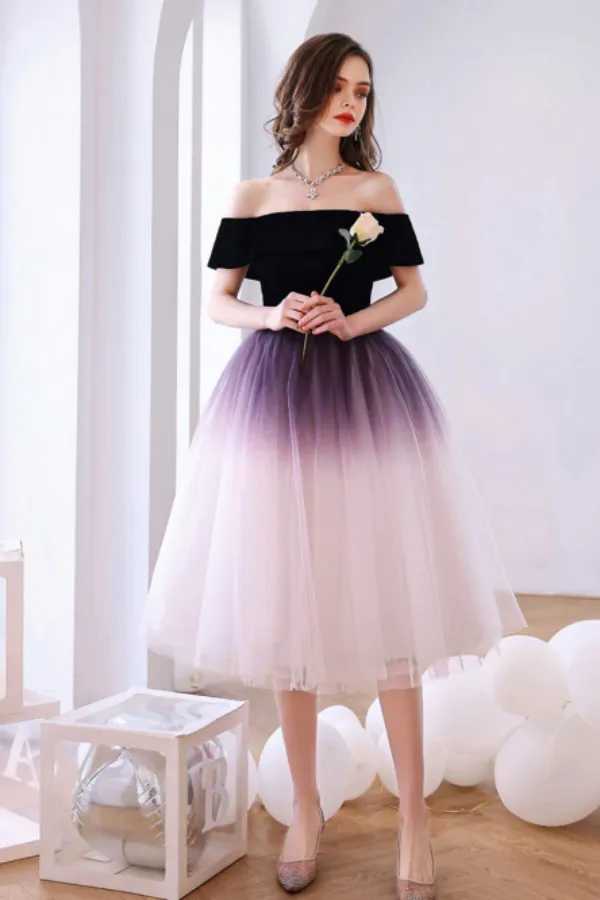 Purple Off Shoulder Tulle Short Puffy Prom Dresses, Puffy Purple Homecoming Dresses APH0255