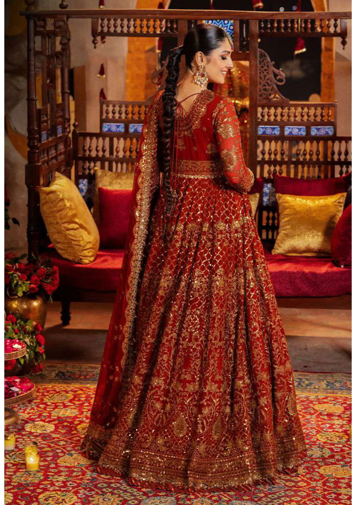 Red Classic Embroidered Pakistani Wedding Dress in Long Frock Style