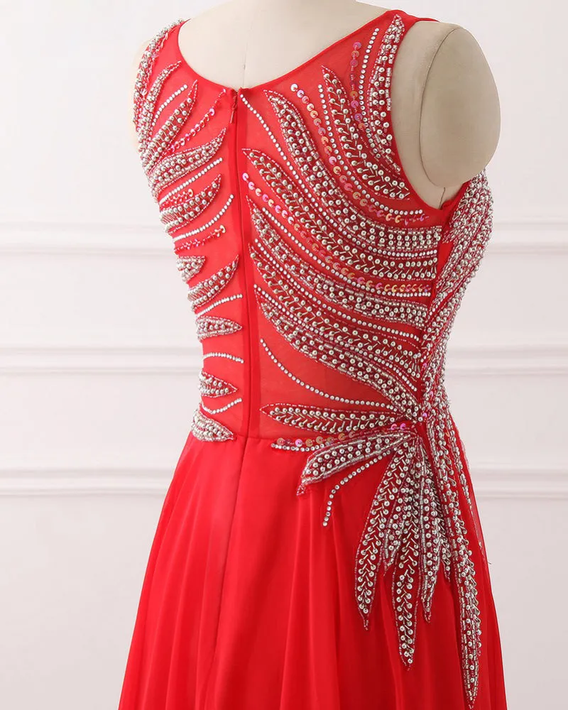 Red Illusion Long Prom Dress